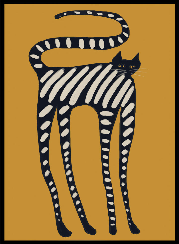 A stylized art print of a cat with black and white stripes on a mustard yellow background. Elegant Striped Cat by The Art Concept playful cat art print featuring a long black cat with cream stripes and an oversized curved tail on mustard yellow.