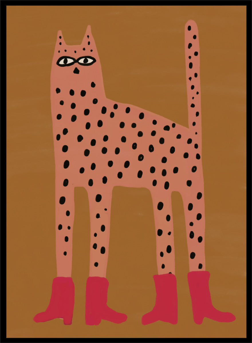 A stylized art print of a tall spotted cat in a pinkish-orange tone with black spots and bright pink boots, set against a warm brown background. Spotted Cat in Boots by The Art Concept playful cat art print featuring a pink spotted cat with long legs, red boots, and a warm ochre background.