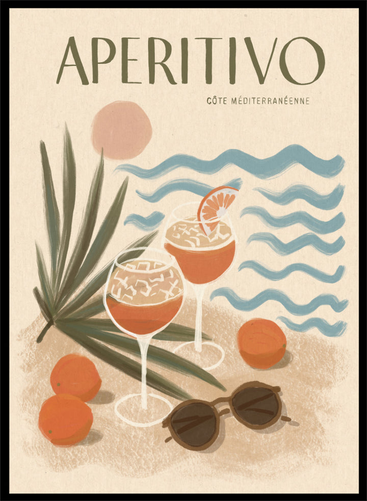 A travel-style poster reading “APERITIVO” with “CÓTE MEDITERRANÉENNE” beneath it, showing illustrated cocktails, citrus fruits, palm leaves, blue ocean waves, and sunglasses on a warm beige background.Aperitivo Beach Day by Katarzyna Gąsiorowska Mediterranean art print featuring spritz cocktails, oranges, sunglasses, and vintage coastal style.