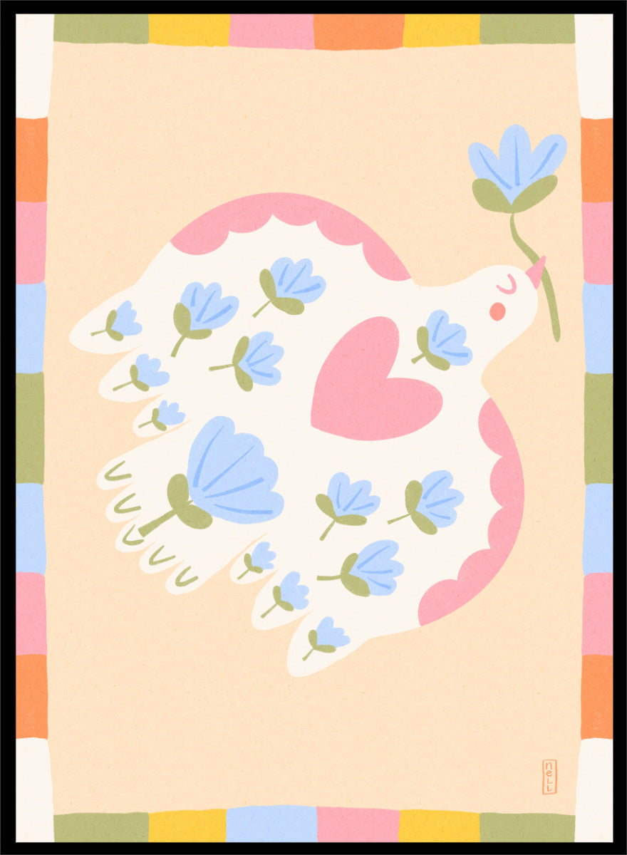 A framed art print featuring a whimsical illustration of a white dove with blue flowers and a pink heart, framed by a pastel multicolor border on a light peach background. Shop Flowering Peace Dove by Dirkie Nell, a colorful bird and floral art print featuring a white dove, blue flowers, pink wings, and a playful peace motif.