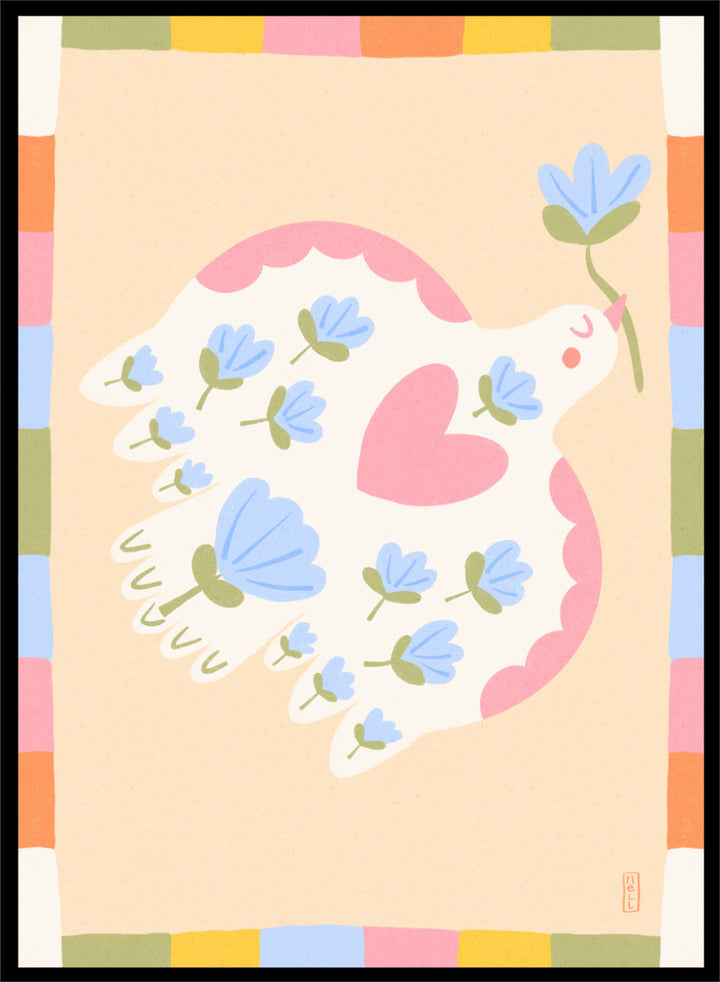 A framed art print featuring a whimsical illustration of a white dove with blue flowers and a pink heart, framed by a pastel multicolor border on a light peach background. Shop Flowering Peace Dove by Dirkie Nell, a colorful bird and floral art print featuring a white dove, blue flowers, pink wings, and a playful peace motif.