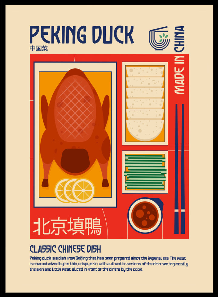 A stylized travel poster of Peking Duck, featuring a large illustration of a roasted duck, steamed buns, chopsticks, and a bowl of sauce on a beige background with red and blue graphic borders. Classic Peking Duck by Retrodrome retro kitchen art featuring Peking duck, pancakes, scallions, dipping sauce, Chinese typography, and bold vintage color.