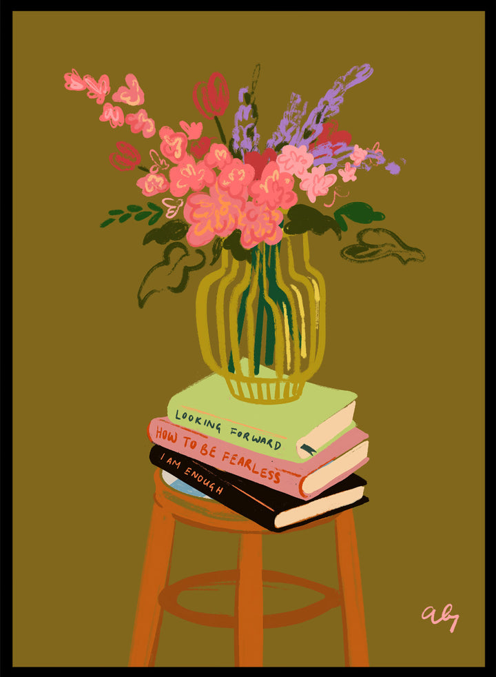 Vase with flowers on a stack of books on a stool against a green background. Floral Vase by Arty Guava is a modern flower still life art print with a striped vase and book stack. Officially licensed wall poster.