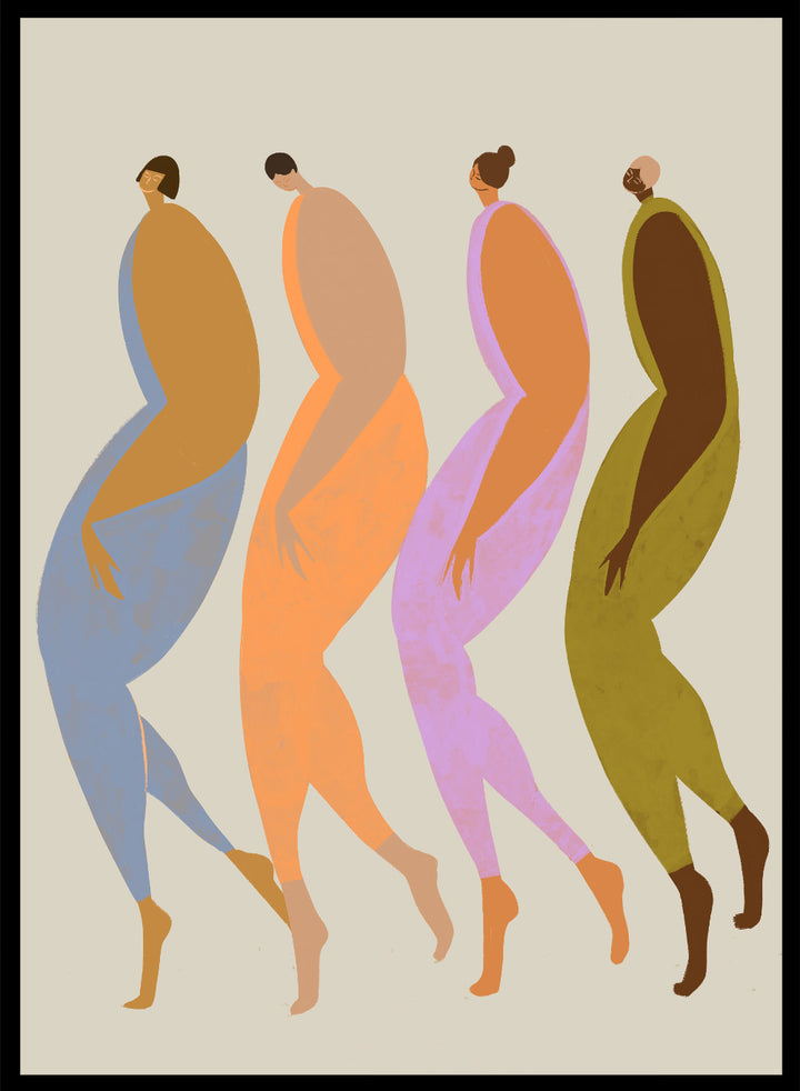 Abstract illustration of four stylized figures in various colors on a beige background. We The Giants by Arty Guava is a modern art print of four bold figures walking together, celebrating strength and sisterhood. Officially licensed wall poster.