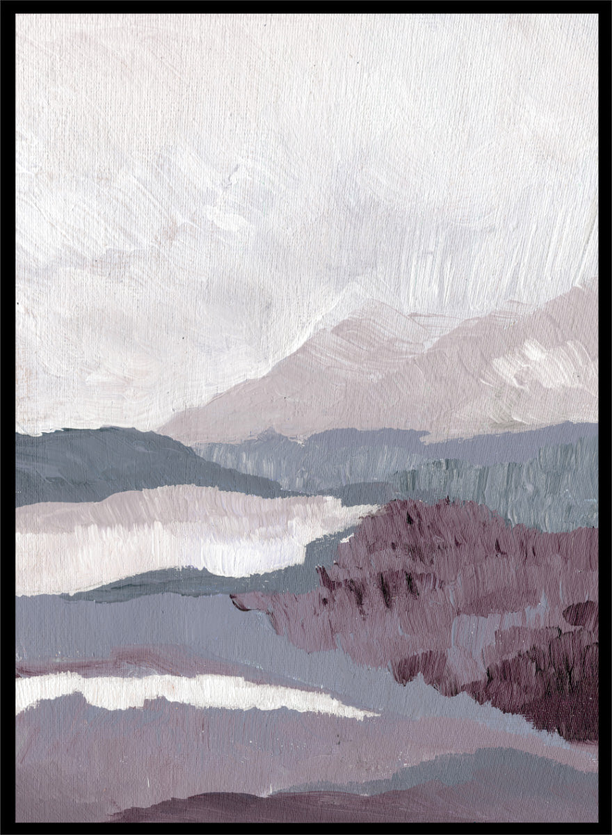 Shop Muted Mountain Layers by Nikita Jariwala, an abstract mountain landscape wall art print poster featuring layered peaks, misty scenery, and soft purple tones.