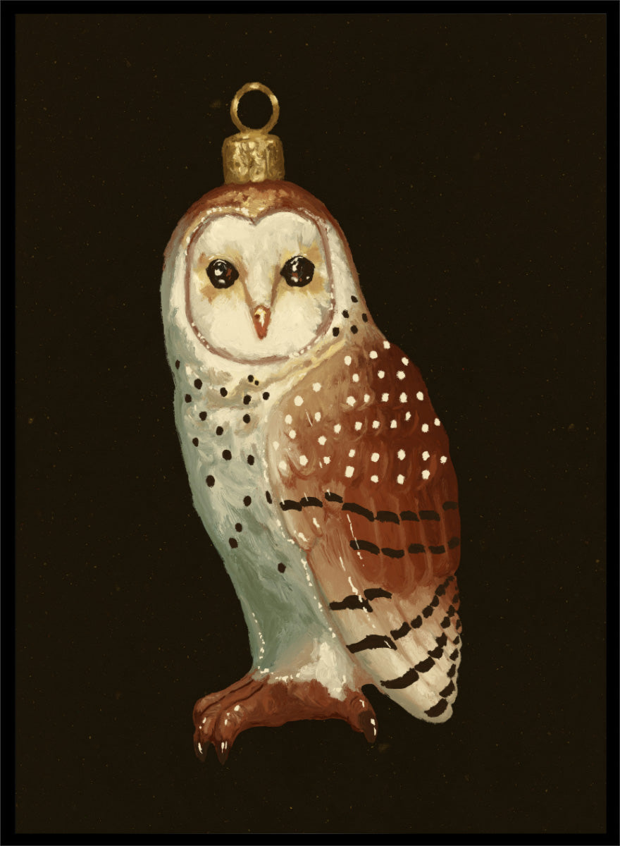 Shop Barn Owl Ornament by NKTN, a Christmas wall art print poster featuring a vintage-style barn owl ornament with woodland holiday charm.