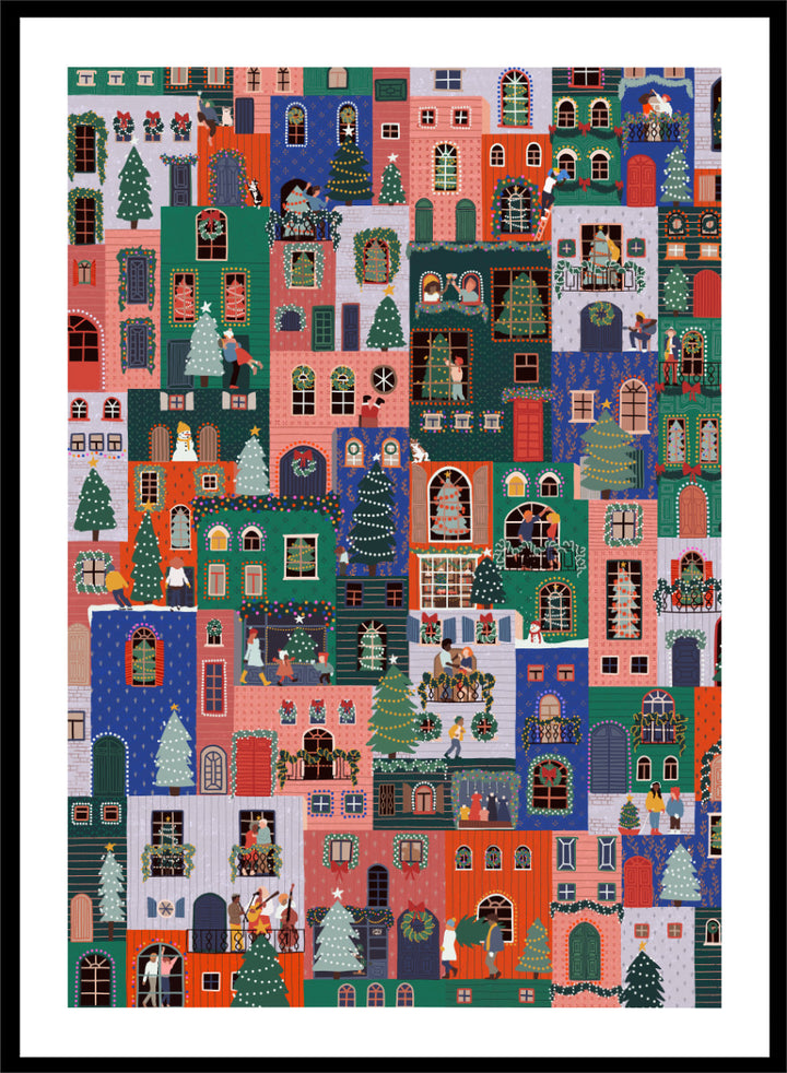 Shop Festive Christmas Town by Ceyda Alasar, a colorful Christmas wall art print poster featuring a lively holiday town filled with decorated homes and festive scenes.