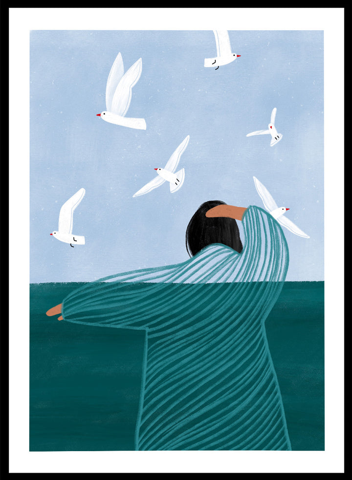 Seaside Serenity by Bea Müller is an officially licensed art print featuring a calm seaside figure and flying birds. Available as fine art print or framed with real wood frames.