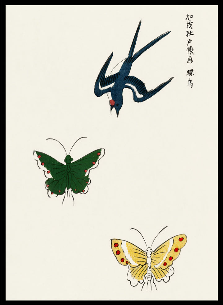 Swallow and Butterflies by Taguchi Tomoki from Yatsuo no Tsubaki is a vintage Japanese woodblock art print featuring a blue swallow and colorful butterflies on warm ivory.