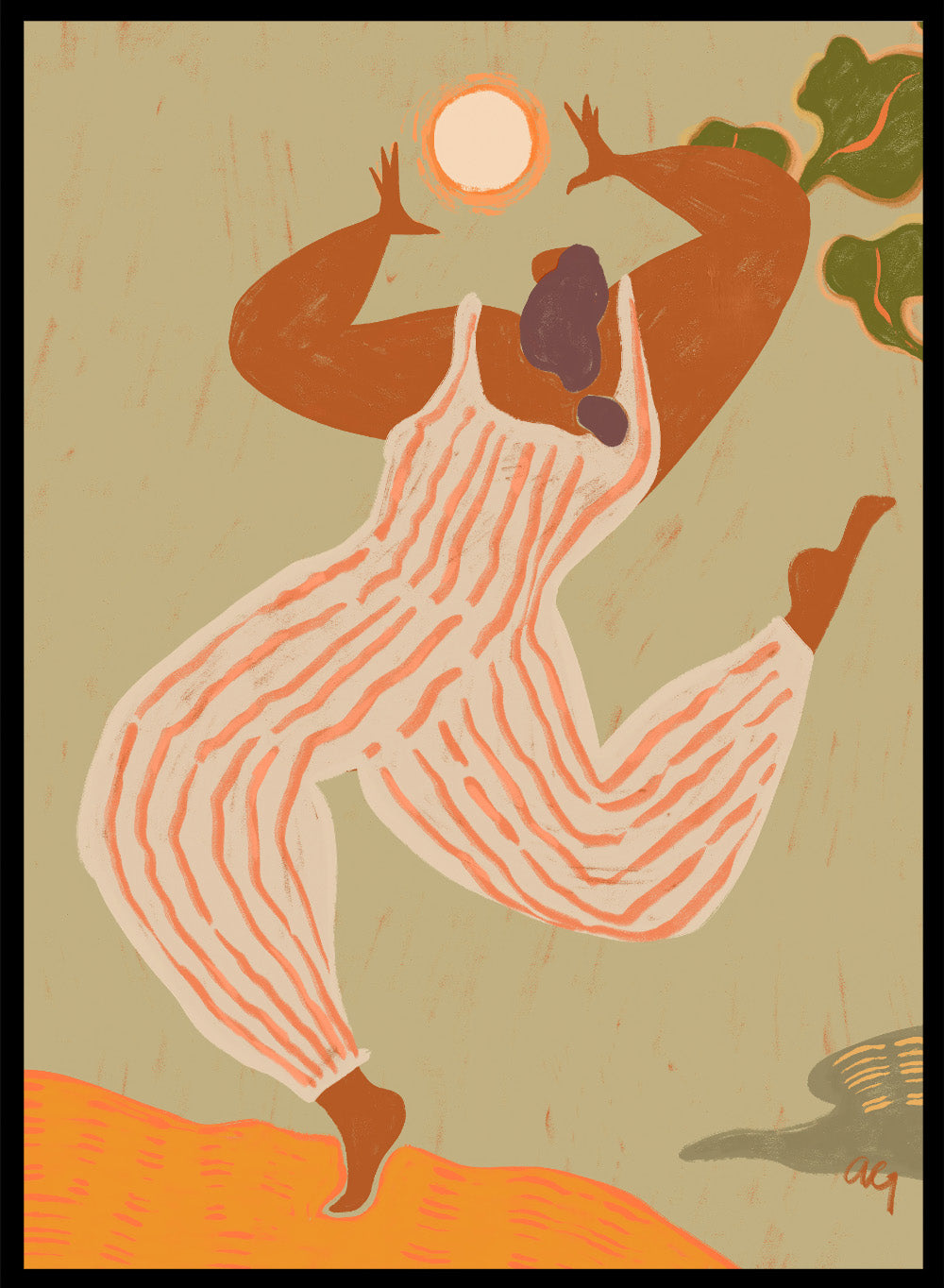 Artistic depiction of a person in overalls reaching towards the sun on a beige background. Reach For The Sun by Arty Guava is a vibrant modern art print of a woman stretching toward the sun. Officially licensed wall poster with framing.