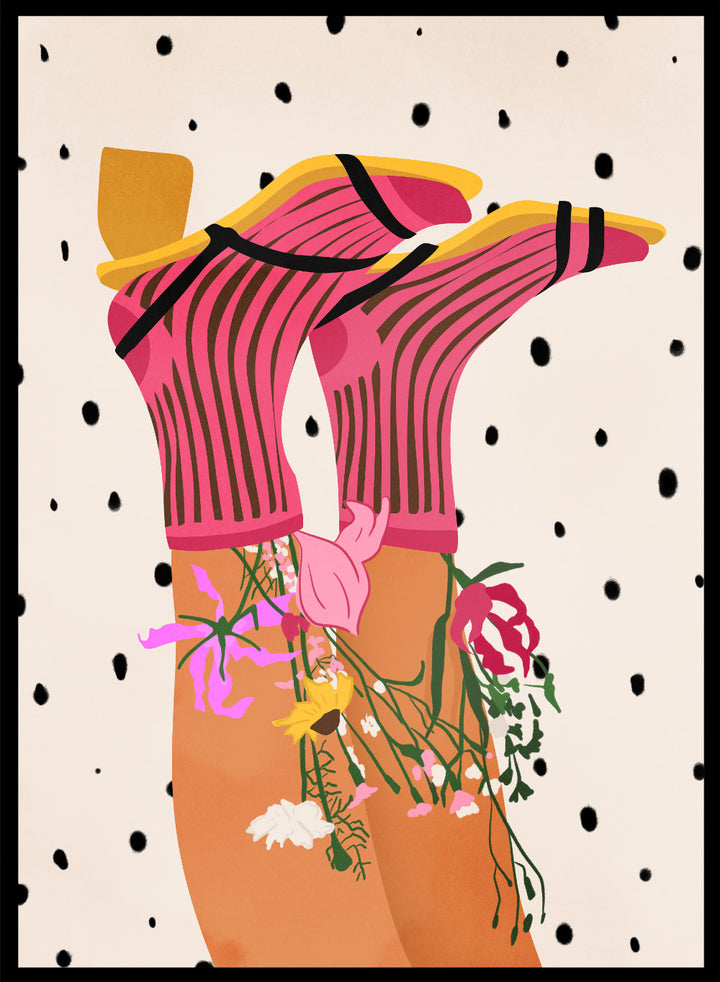 Illustration of a person wearing a pink top with floral accessories on a polka dot background. Floral Step Delight by Gauri Mokate is an officially licensed art print featuring a fashion-inspired illustration with florals, bold colors, and modern graphic style.