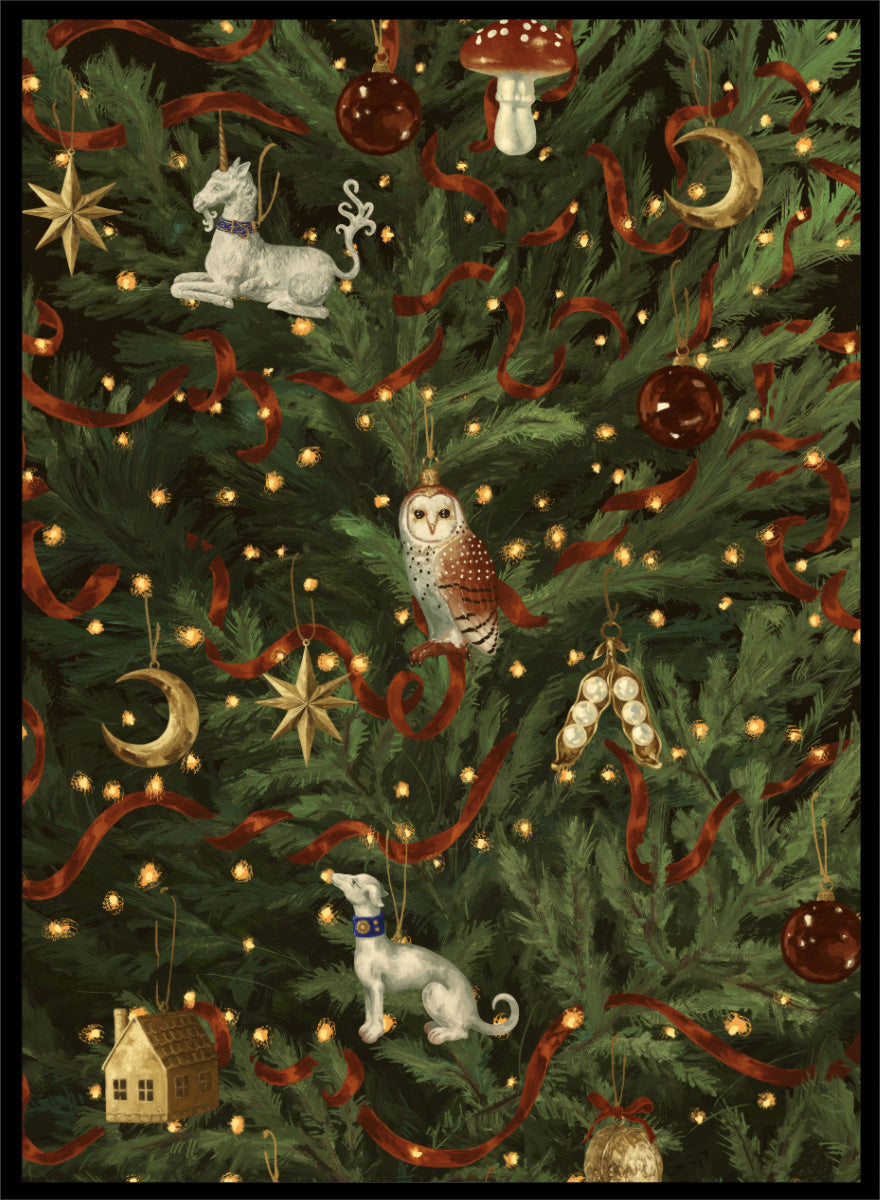 Shop Magical Christmas Tree by NKTN, a festive Christmas wall art print poster featuring woodland ornaments, moons, stars, ribbon, and glowing tree lights.
