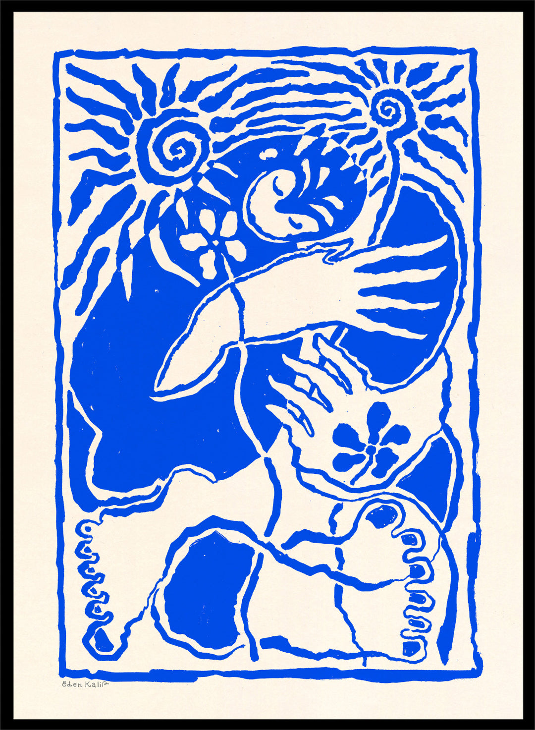 Blue and white abstract design with a central figure and sun-like elements on a beige background. Protection Blue by Eden Kalif is a modern figurative art print in bold blue, a contemporary minimalist wall poster with symbolic forms and expressive line work.