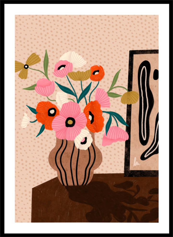 Shop Vibrant Poppy Bouquet by Bea Müller, a floral wall art print poster featuring colorful poppies in a striped vase with bold pink tones and modern still life style.
