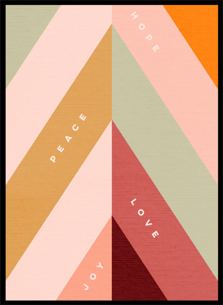 Shop Hope Peace Love Joy by Dominique Vari, a retro holiday wall art print poster featuring geometric shapes, uplifting words, and warm pink, green, red, and ochre tones.