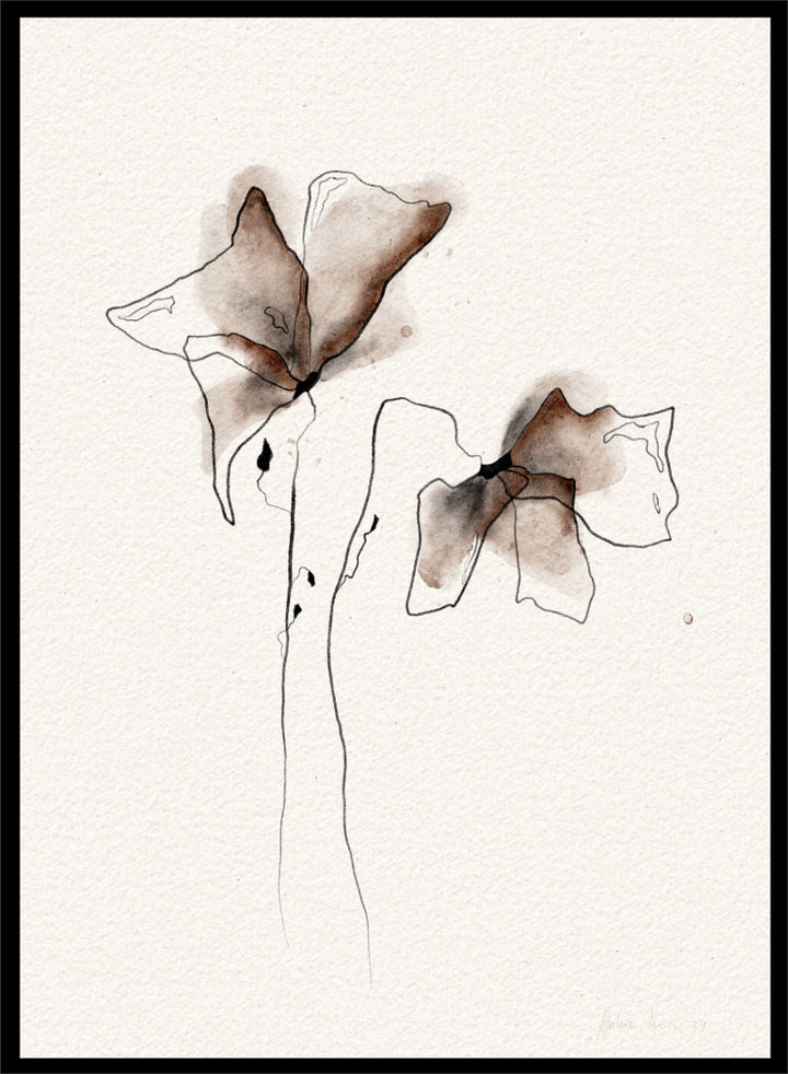 Minimalist watercolor and ink floral art print featuring two abstract flower shapes in brown and black tones on textured off-white paper. Shop Watercolor Botanical Blooms by Ankie Kooi, a modern floral wall art print poster with abstract botanical flowers, minimalist line art, brown, cream, and black.