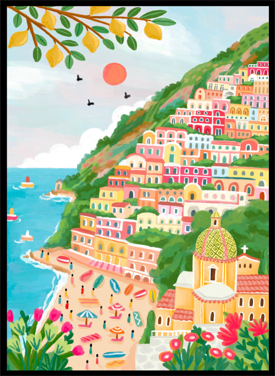 A colorful illustration of a coastal hillside town with tiered pastel buildings, a beach, blue sea, green foliage, and a church dome. Shop Vibrant Seaside Town by Nidhi Kachhadiya, a colorful coastal wall art print inspired by an Italian cliffside village, beach views, and bright Mediterranean color.