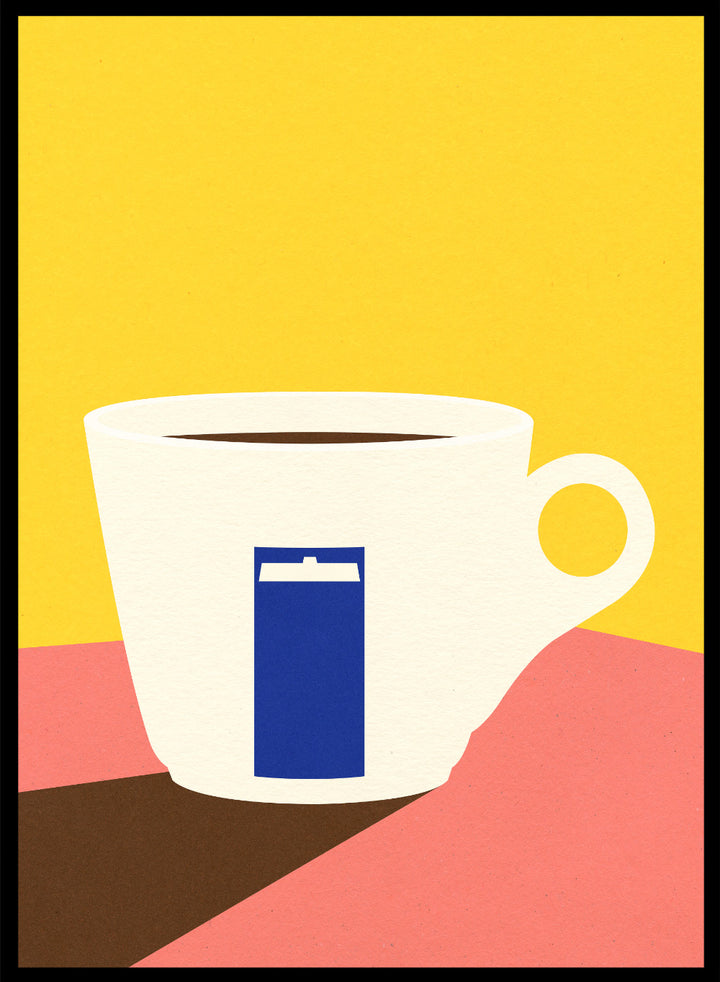 White coffee cup with a blue book design on a yellow and pink background. Tazza by Rosi Feist is a minimalist modern art print of a coffee cup in bold Bauhaus-inspired color blocks. Officially licensed fine art poster with framing.