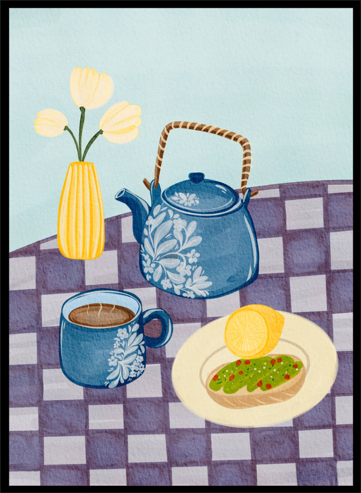 Shop Blue Teapot Breakfast by Nikita Jariwala, a kitchen wall art print poster featuring a floral teapot, tea cup, breakfast still life, and blue tones.