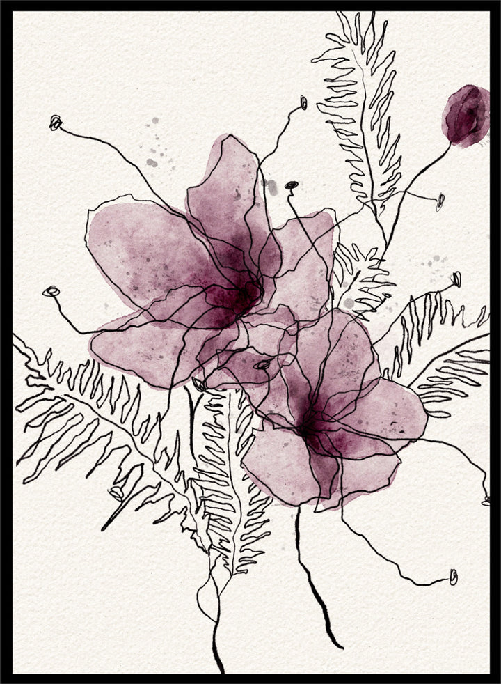 Abstract floral art print featuring two translucent mauve-purple watercolor flower shapes with black line-drawn stems and fern-like leaves on a textured off-white background. Shop Delicate Botanical Outline by Ankie Kooi, a floral wall art print poster with purple watercolor flowers, botanical line art, fern leaves, and cream tones.