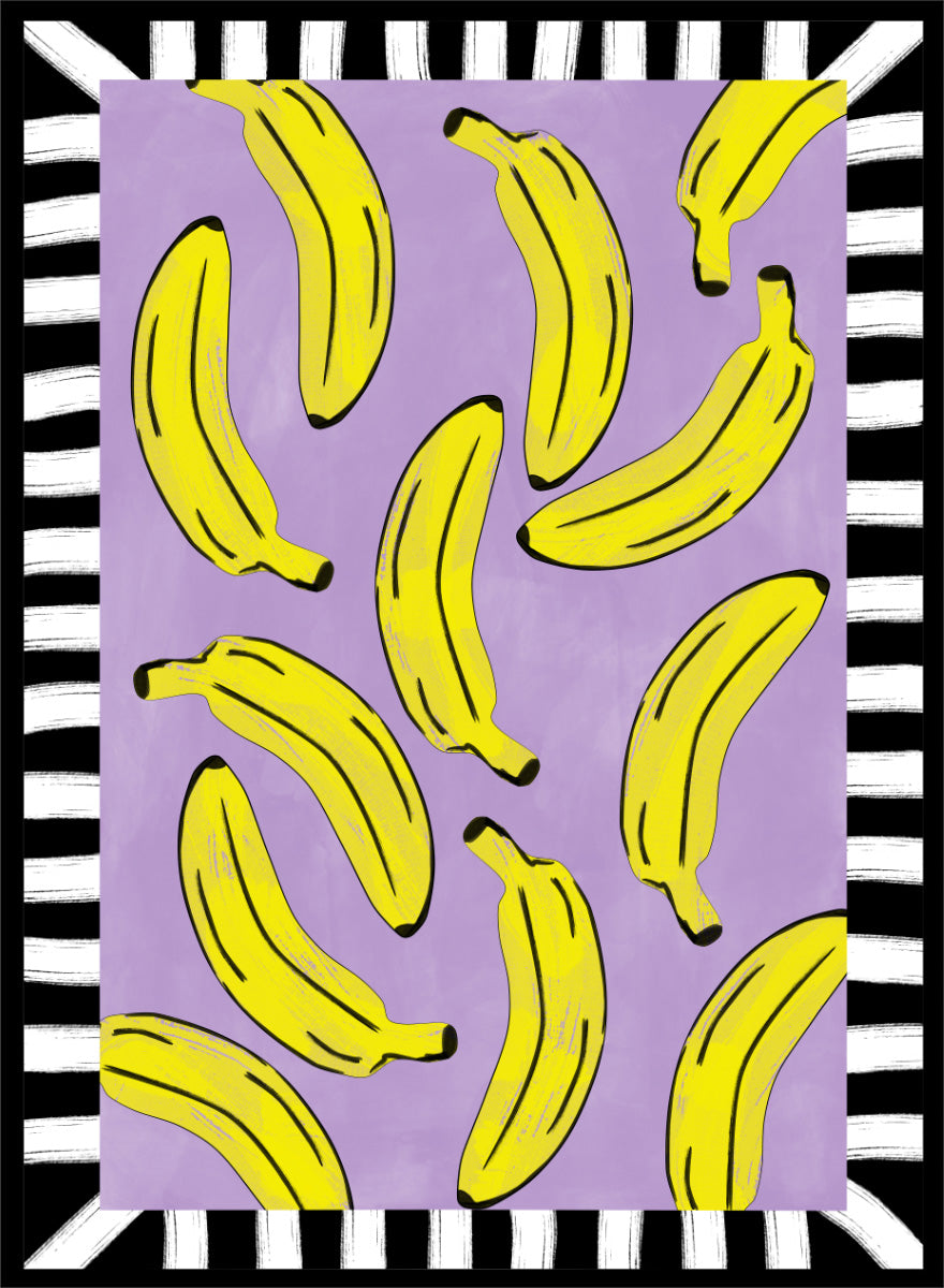 Shop Playful Banana Scatter by Elena Ristova, a banana wall art print poster in yellow, purple, black, and white with a bold striped border.