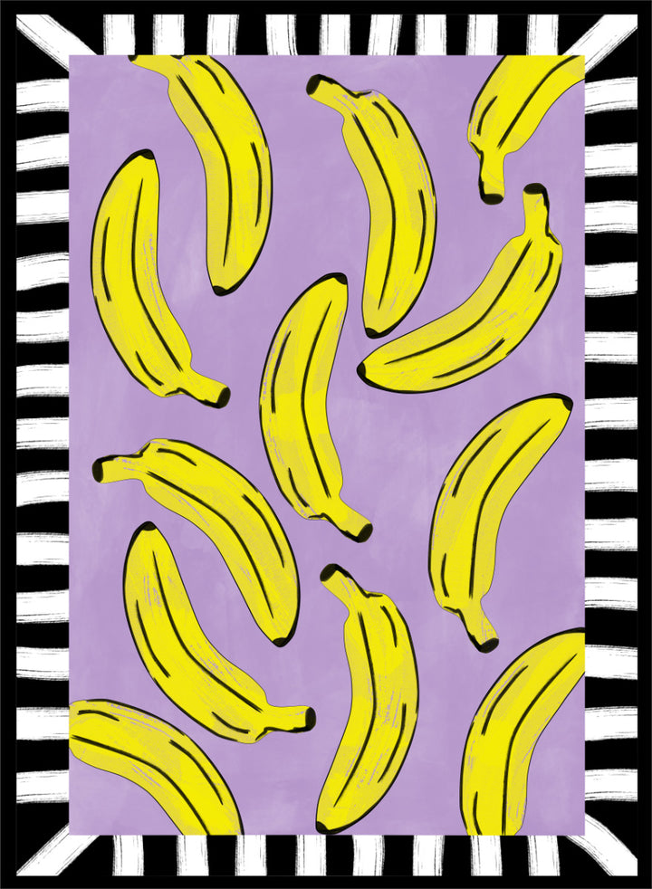 Shop Playful Banana Scatter by Elena Ristova, a banana wall art print poster in yellow, purple, black, and white with a bold striped border.