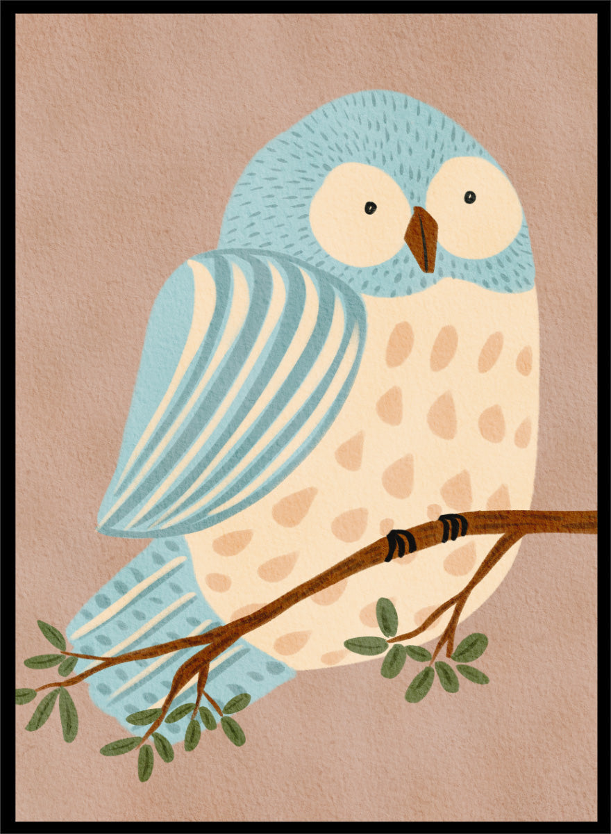 A stylized illustration of a blue and cream owl perched on a brown branch with green leaves, set against a warm beige background. Shop Whimsical Blue Owl by Nikita Jariwala, a blue owl wall art print poster for nursery and kids room decor featuring a playful bird illustration and soft blue tones.