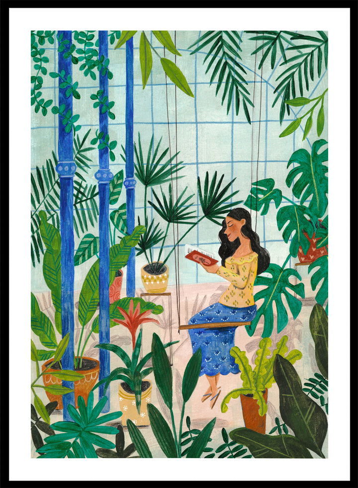 Woman sitting among plants in a room with bamboo and various greenery. Botanical Greenhouse Reader by Caroline Bonne Müller is a fine art print and wall poster featuring a woman reading in a lush indoor garden filled with tropical plants.