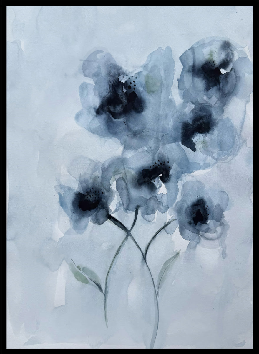 Shop Soft Blue Blooms by Helena Ryhle, a botanical watercolor wall art print poster featuring expressive blue flowers and soft contemporary floral detail.