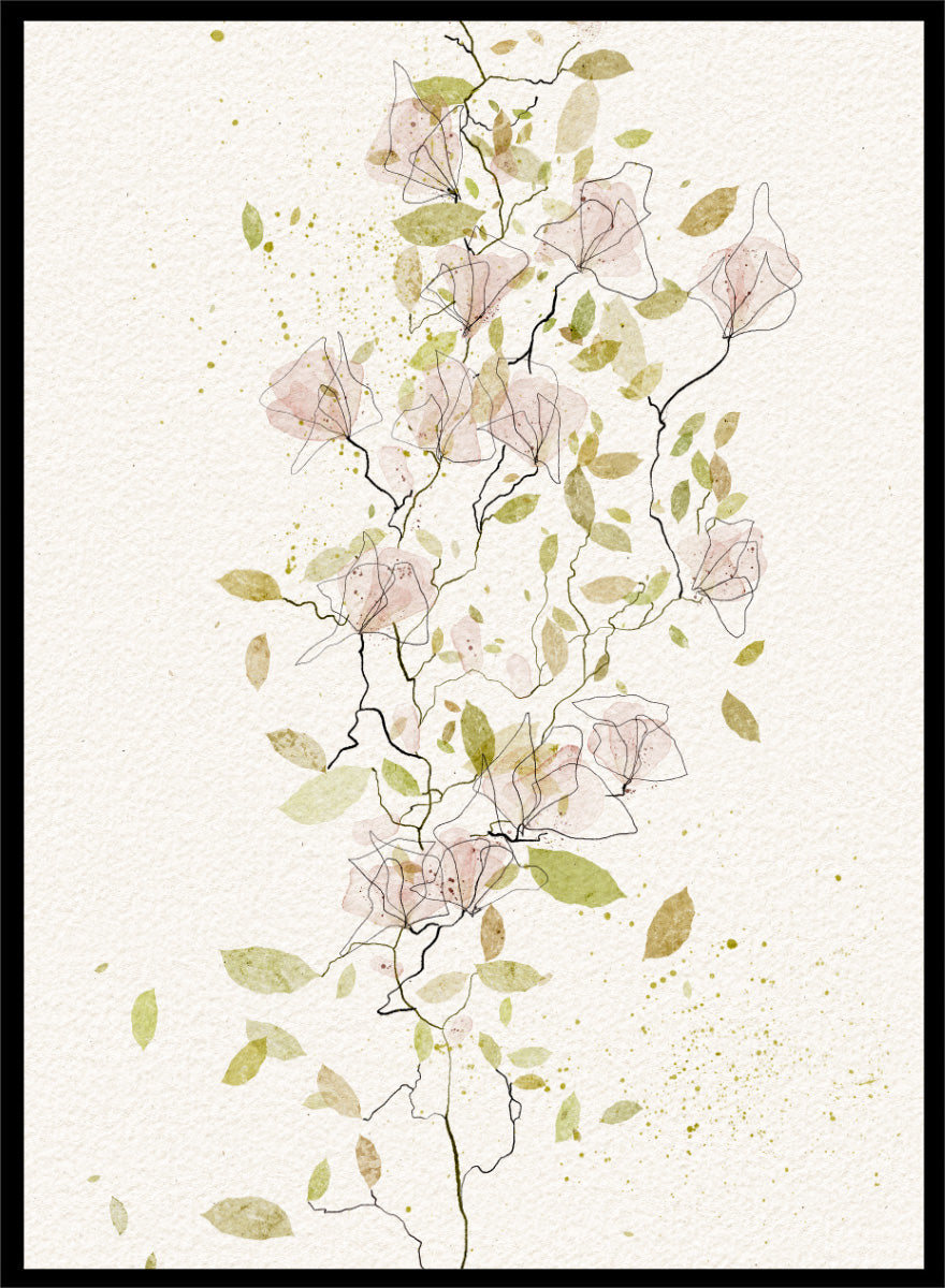 A framed botanical art print featuring delicate watercolor flowers and leaves in soft pink, sage green, and olive tones on a textured off-white background. Shop Ethereal Pink Blooms by Ankie Kooi, a floral wall art print poster with pink watercolor flowers, botanical line art, climbing branches, and spring florals.
