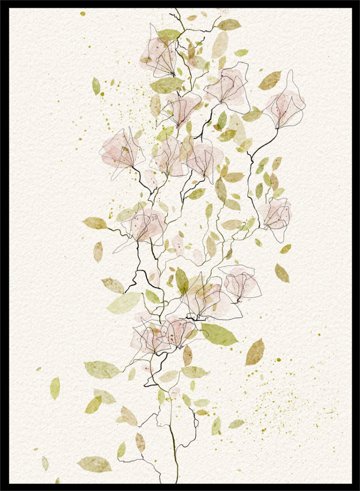A framed botanical art print featuring delicate watercolor flowers and leaves in soft pink, sage green, and olive tones on a textured off-white background. Shop Ethereal Pink Blooms by Ankie Kooi, a floral wall art print poster with pink watercolor flowers, botanical line art, climbing branches, and spring florals.