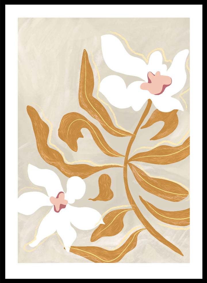 Decorative artwork with stylized flowers on a beige background. Flower Flower Flower by Arty Guava is a modern floral art print with oversized white blossoms and golden leaves. Officially licensed wall poster.