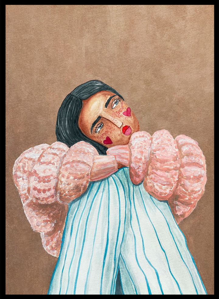 Artistic illustration of a person with large, textured sleeves against a brown background. Dreaming Girl by Raissa Oltmanns is a modern woman portrait art print with soft watercolor style, cozy pink jacket illustration, and contemporary wall poster.