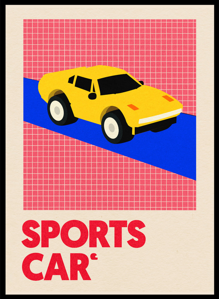 Yellow sports car on a red and blue geometric background with 'SPORTS CAR' text. Sports Car by Rosi Feist is a bold minimalist car art print featuring a bright yellow sports car and graphic typography. Officially licensed Bauhaus-inspired fine art poster with framing.