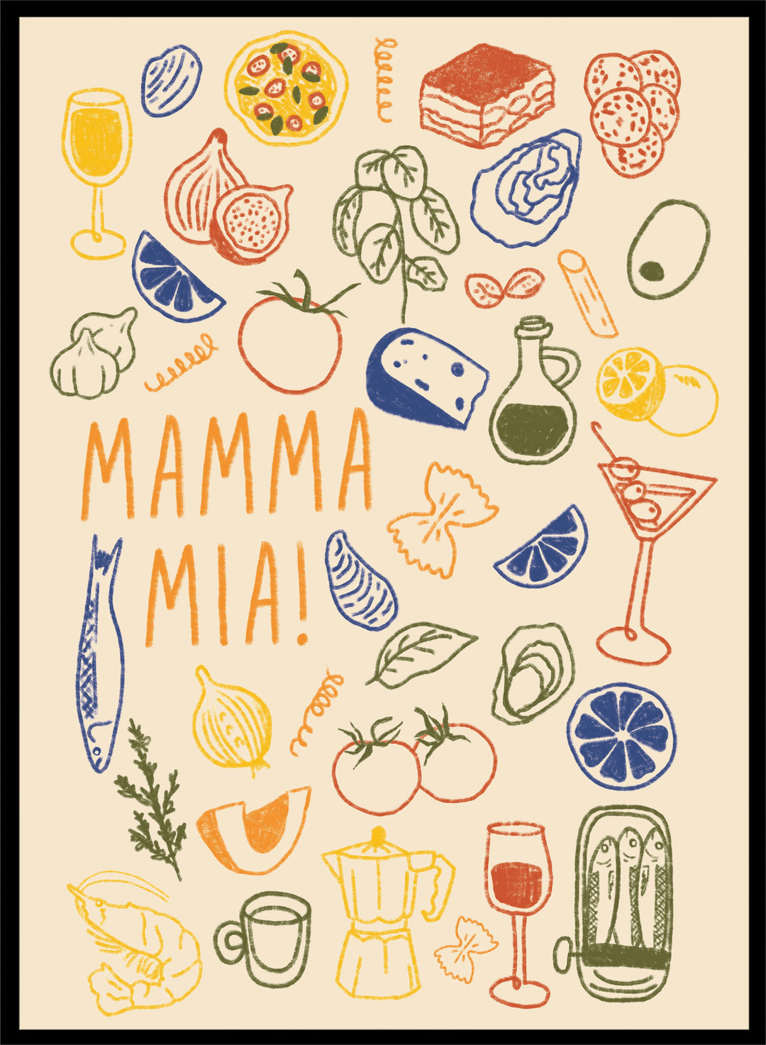 A framed art print featuring a cream-colored background decorated with hand-drawn, colorful Italian-themed illustrations, including pasta, pizza, wine, tomatoes, and a coffee maker, with the text &