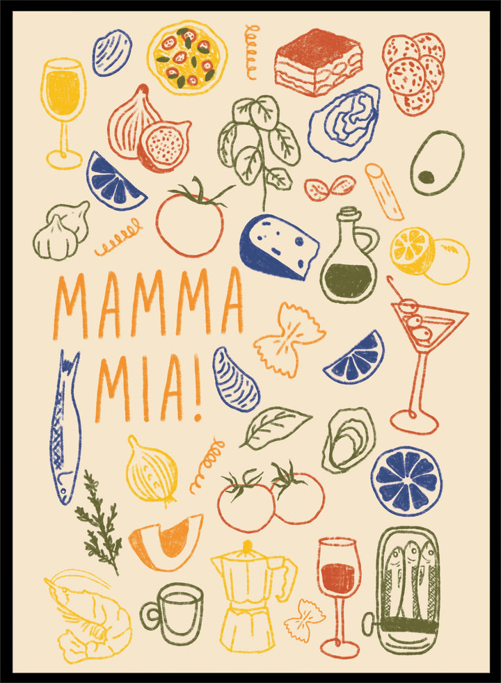 A framed art print featuring a cream-colored background decorated with hand-drawn, colorful Italian-themed illustrations, including pasta, pizza, wine, tomatoes, and a coffee maker, with the text &