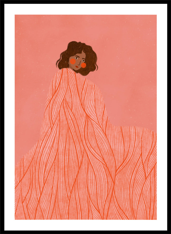 An art print featuring an illustration of a woman with dark curly hair wrapped in a flowing coral-orange patterned dress against a solid pink background. Coral Woman Dreaming by Bea Müller portrait art print featuring a woman wrapped in a flowing coral dress with fine red lines and modern graphic detail.