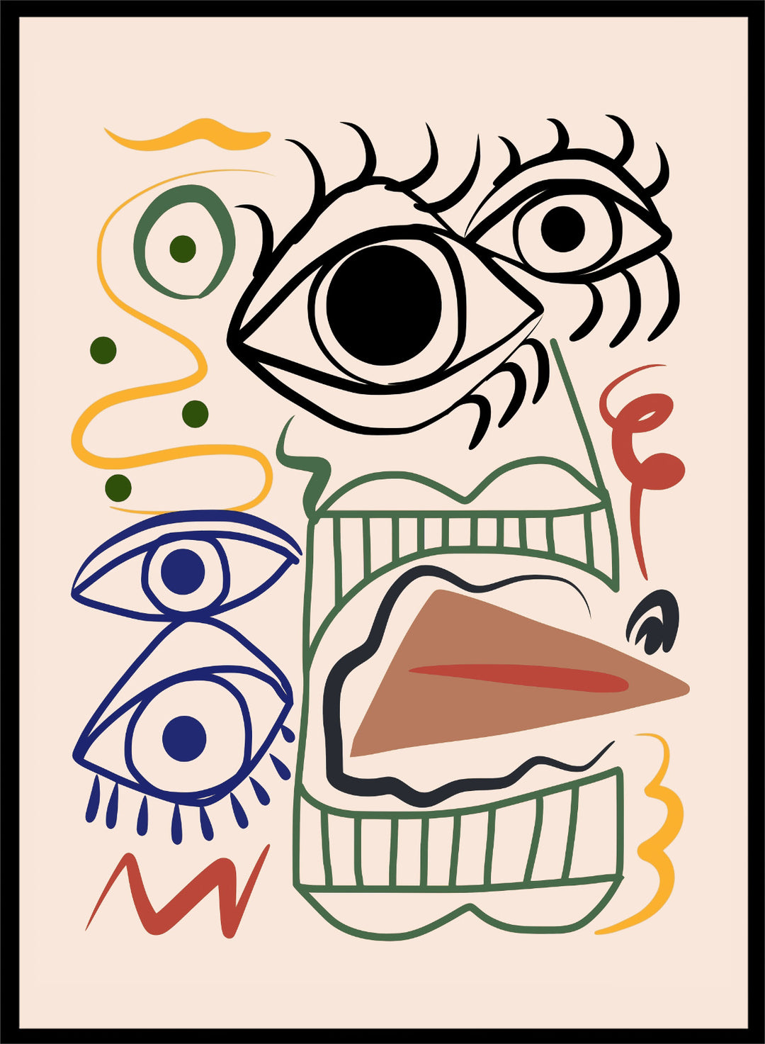 Abstract artwork with eyes and wavy lines on a beige background. Bizarre Totem by Little Dean abstract face art print featuring surreal graphic shapes and eyes, modern contemporary illustration wall art poster.