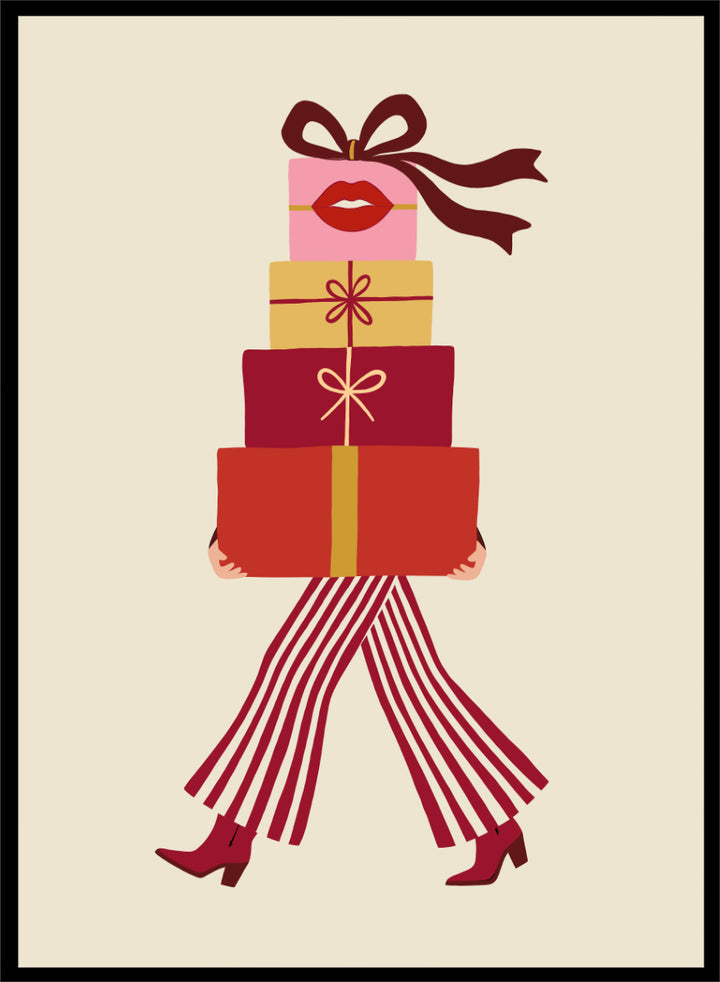 Shop Fashionable Gift Shopping by Dominique Vari, a festive fashion wall art print poster featuring stacked presents, striped trousers, red boots, and retro holiday colors.