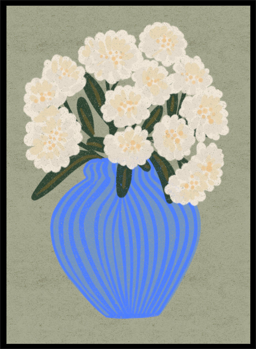 A stylized floral artwork showing a bouquet of off-white flowers with dark green leaves in a blue ribbed vase against a muted sage background. Shop White Blooms Blue Vase by Nikita Jariwala, a floral wall art print poster featuring white flowers in a striped blue vase with modern botanical style.