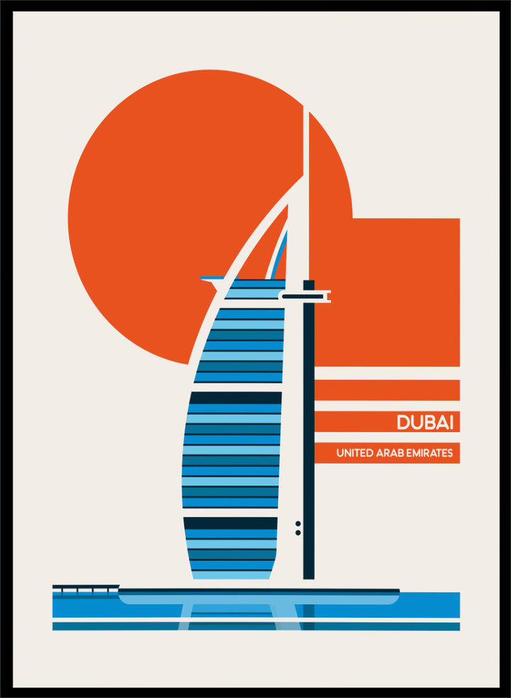 A minimalist travel poster of the Burj Al Arab in Dubai, United Arab Emirates, featuring a stylized blue and white striped hotel silhouette, a large orange sun, and a cream background with the text &