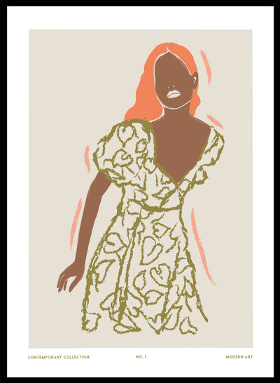 Woman in Green Floral Dress Wall Art Print | Hand Drawn Contemporary Fashion Illustration, Modern Aesthetic Girl Bold Abstract Poster