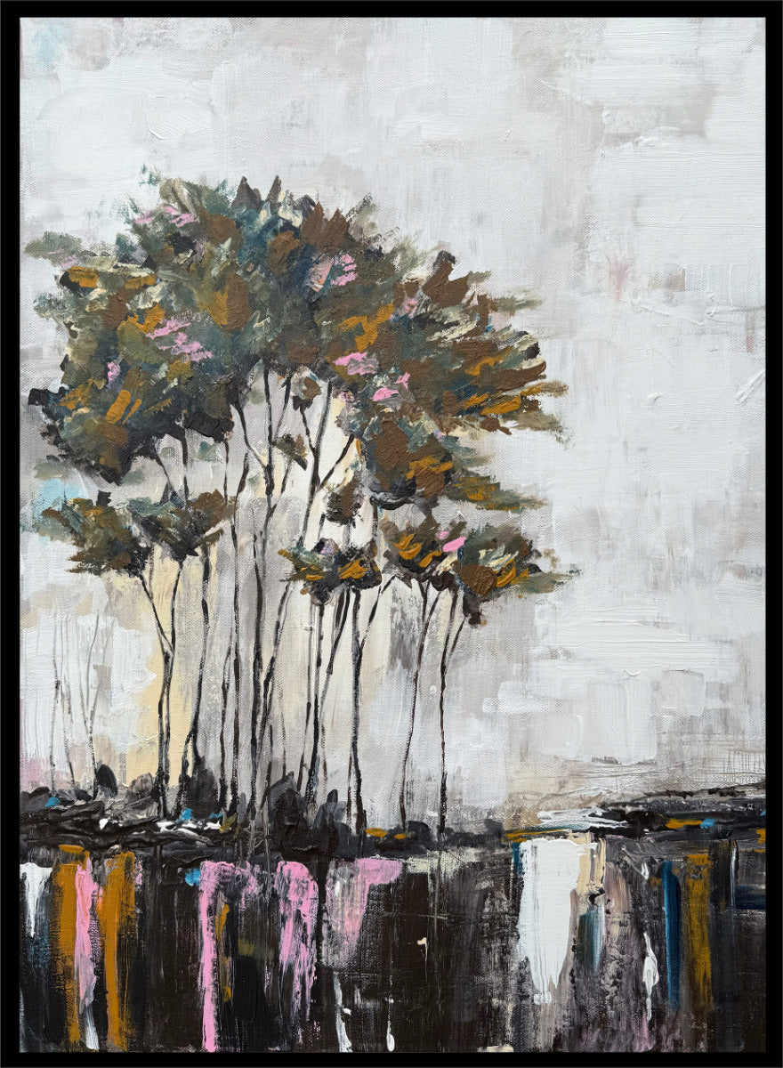 Shop Tranquil Tree Reflections by Helena Ryhle, a modern landscape wall art print poster featuring tall trees, mirrored water, and expressive reflections.