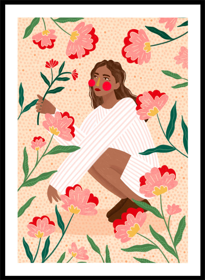 A framed art print featuring a stylized illustration of a woman in a white striped sweater surrounded by pink and red flowers on a peach background. Woman in Floral Garden by Bea Müller floral art print featuring a woman surrounded by oversized pink flowers, green leaves, and playful botanical details.