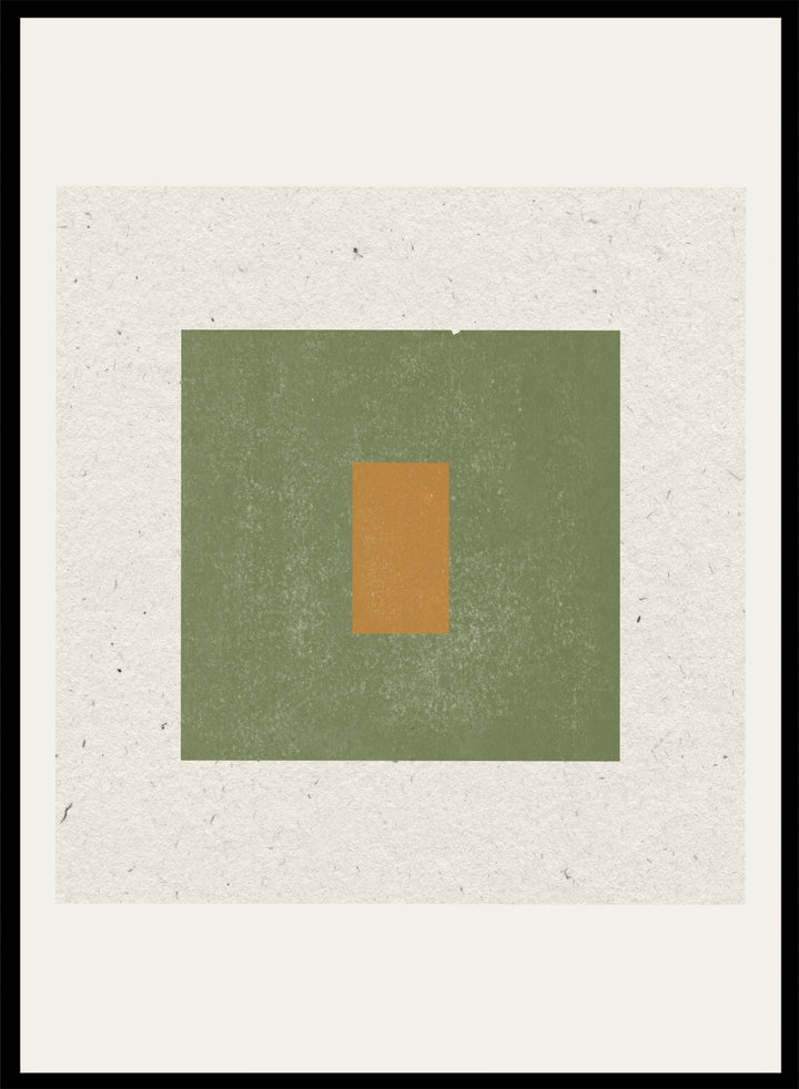 Abstract art with a green square and a smaller brown rectangle on a textured beige background. Minimalist Harmony by The MIUUS Studio is a minimalist abstract art print and wall poster featuring geometric shapes, neutral tones, and modern textured design.