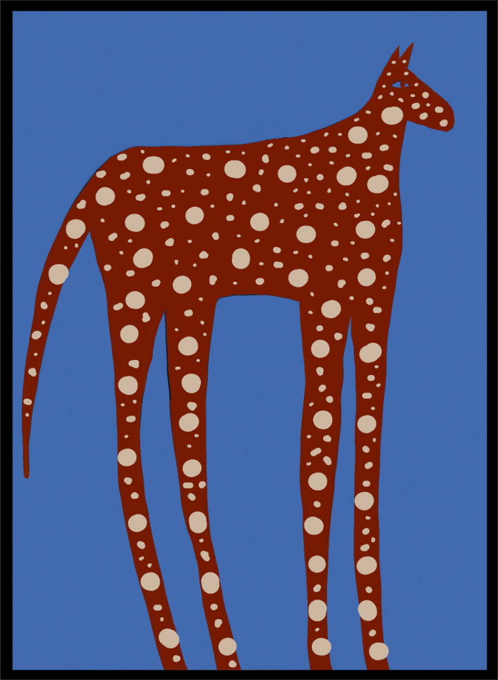 Spotted Long Legged Horse by The Art Concept playful animal art print featuring an elongated spotted horse against a bold blue background.