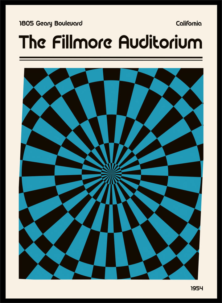 A poster-style graphic for The Fillmore Auditorium, with black text on a cream background and a large central optical illusion pattern in turquoise blue and black radiating inward. Text at the top reads &