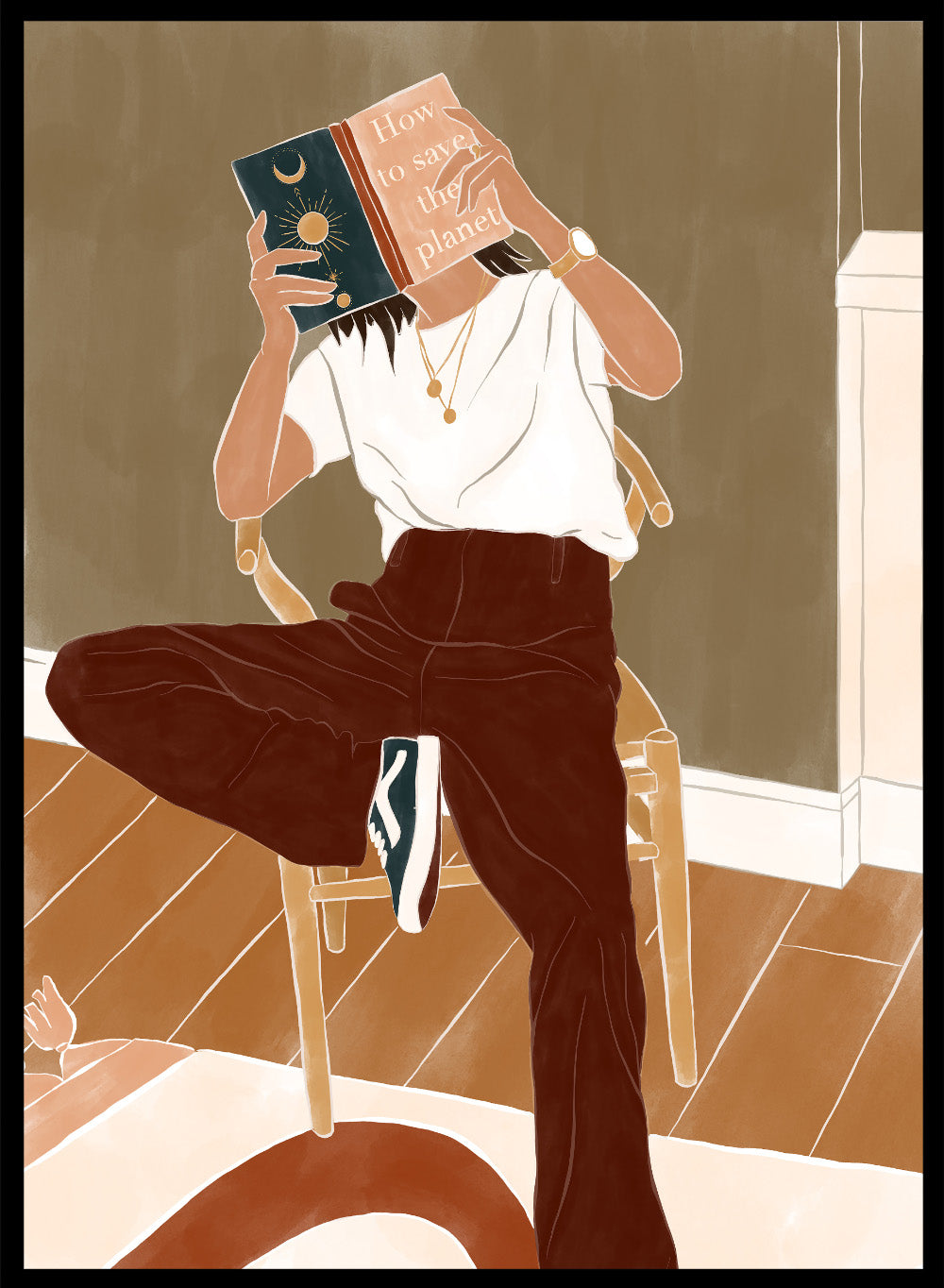 How To Save the Planet by Ivy Green is a modern lifestyle art print featuring a woman reading in a cozy interior. Premium fine art print with optional wood framing.