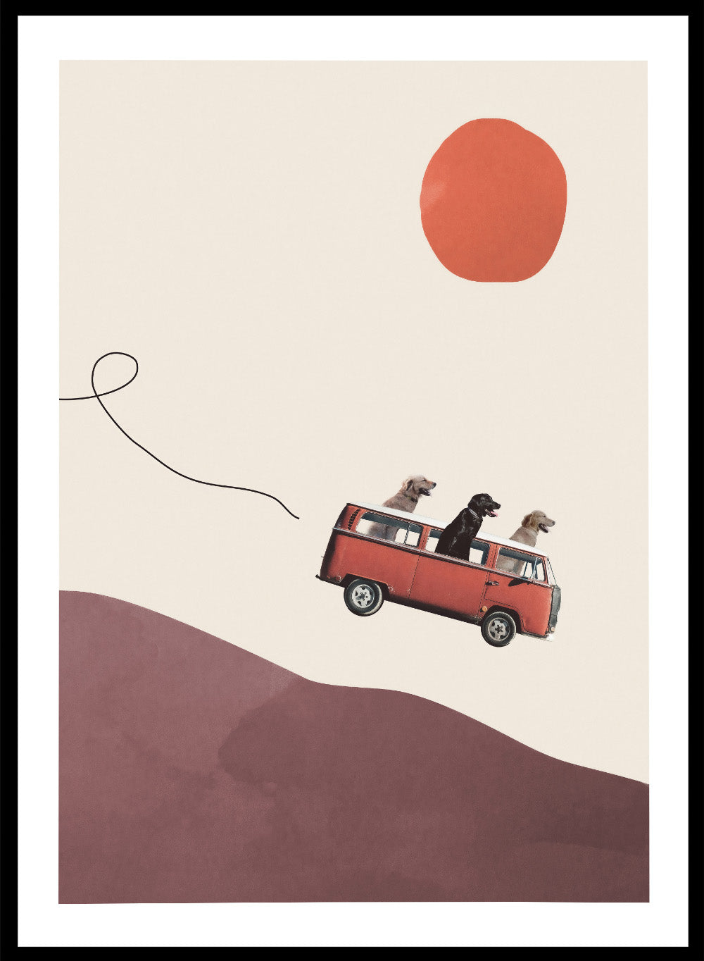 Adventure Gang by Maarten Léon is a minimalist collage art print featuring dogs on a road trip. Premium fine art print with real wood framing.