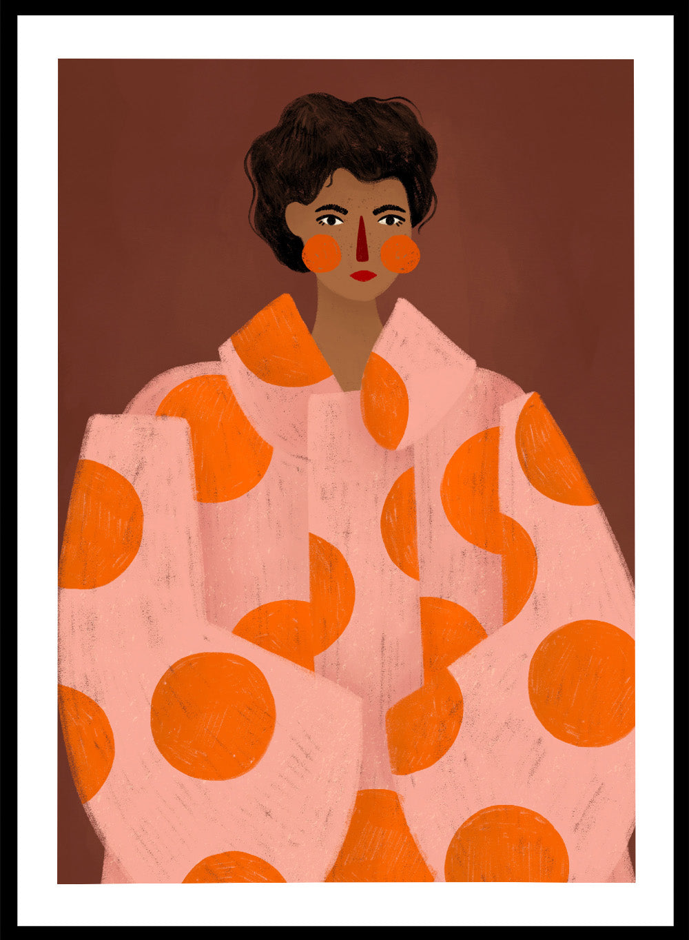 Woman With Orange Dots by Bea Müller is an officially licensed art print featuring a bold modern portrait with graphic color and pattern. Available framed or unframed.